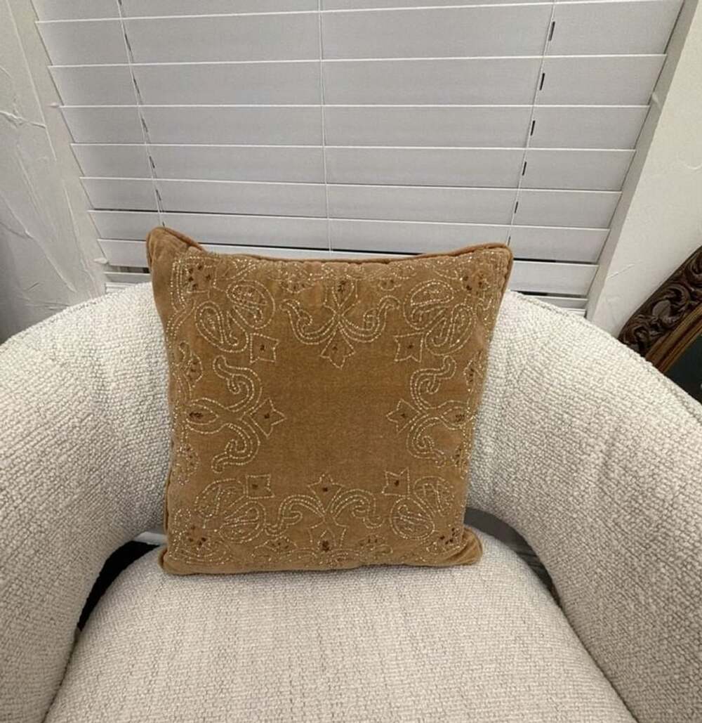 Beaded Throw Pillow Brown Velvet Embroidered Accent Decor